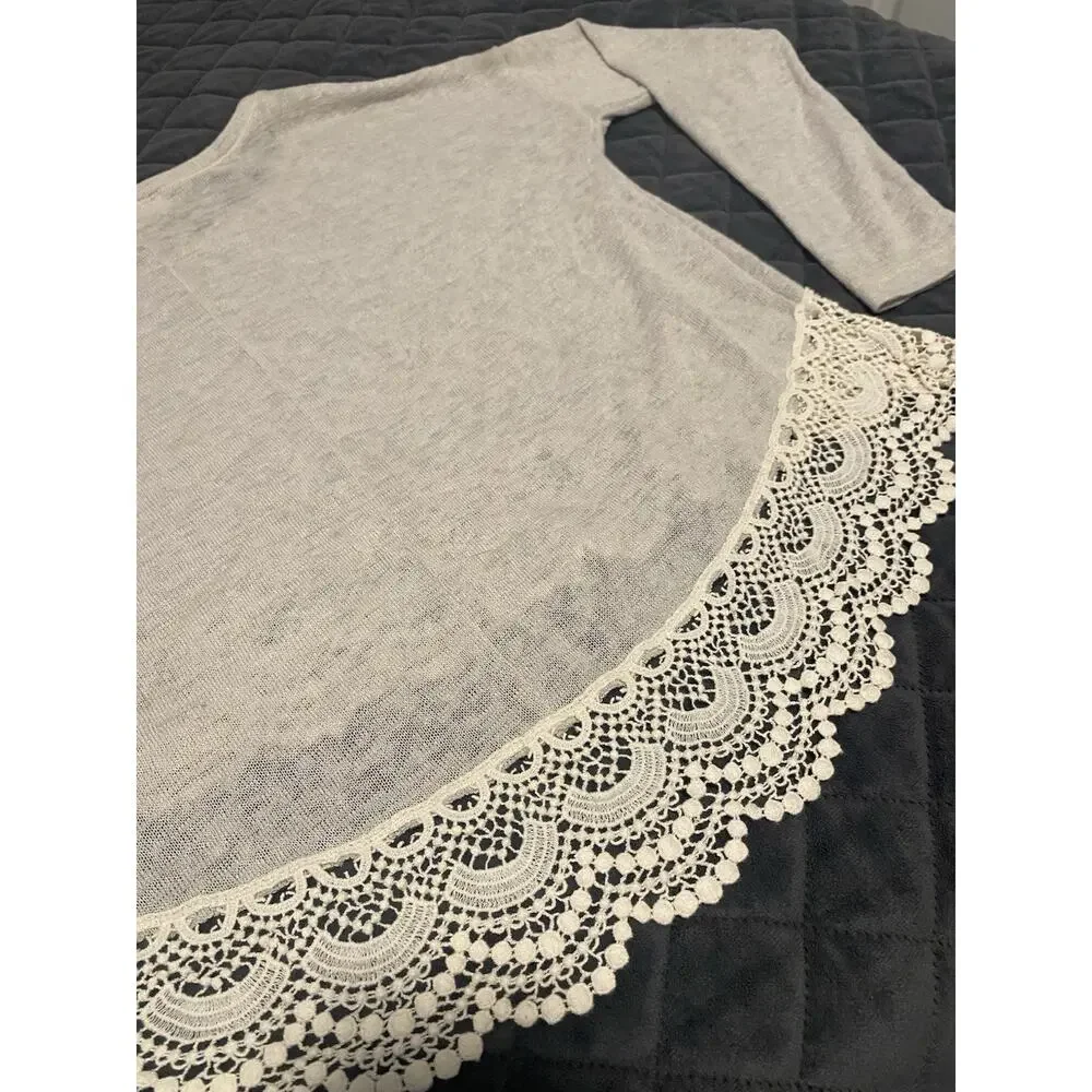 Y2K Abercrombie & Fitch W Oatmeal Long Slv Crochet Lace Hem Boho Cottagecore S